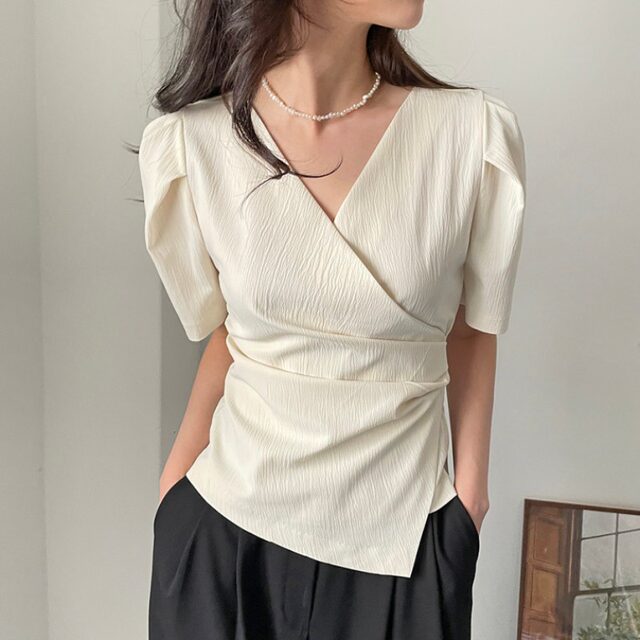 French irregular design sense V-neck self-cultivation shirt women's summer new niche waist slimming high-end top