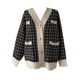 Korean chic autumn and winter all-match simple wind hit color single-breasted check knitted sweater cardigan long-sleeved sweater jacket female