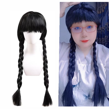 Wednesday Addams Wig with Braids, Double Braids, Wednesday Black Bangs Cosplay Performance Wig