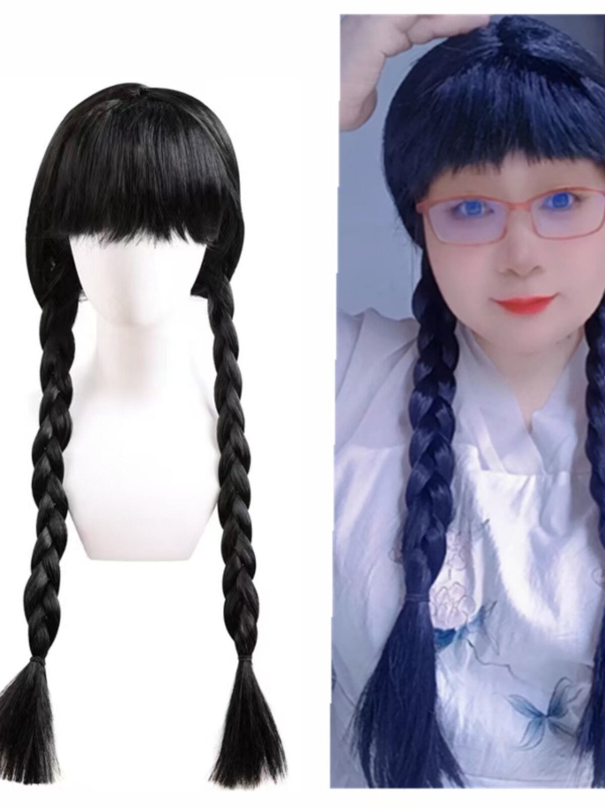 Wednesday Addams Wig with Braids, Double Braids, Wednesday Black Bangs Cosplay Performance Wig
