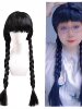Wednesday Addams Wig with Braids, Double Braids, Wednesday Black Bangs Cosplay Performance Wig