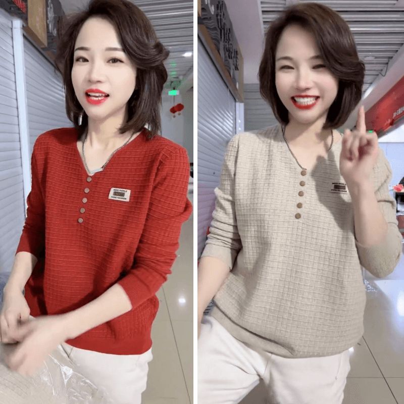 Spring V-Neck Foreign Trade Slimming Knit Sweater for Women, Youthful and Elegant, Suitable for Middle-Aged Mothers, European Style Loose Top