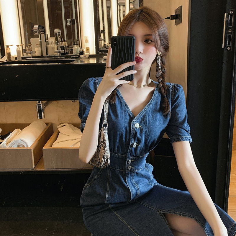 Denim Ocean Dress Woman Little Sub Tea Hysteria Retro Closets Waist Open Fork Long Skirt Summer 2022 New Aword Nepotism