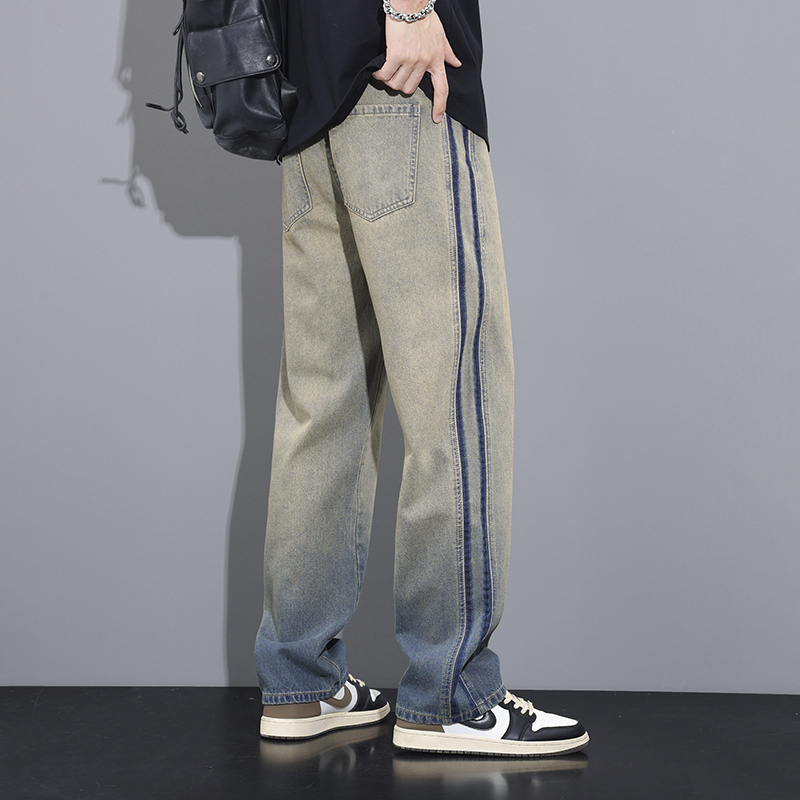 Side-Striped Yellow Mud Jeans for Men, New Spring/Summer American High Street Fashion Brand, Stylish Men's Washed Vintage Straight-Leg Pants
