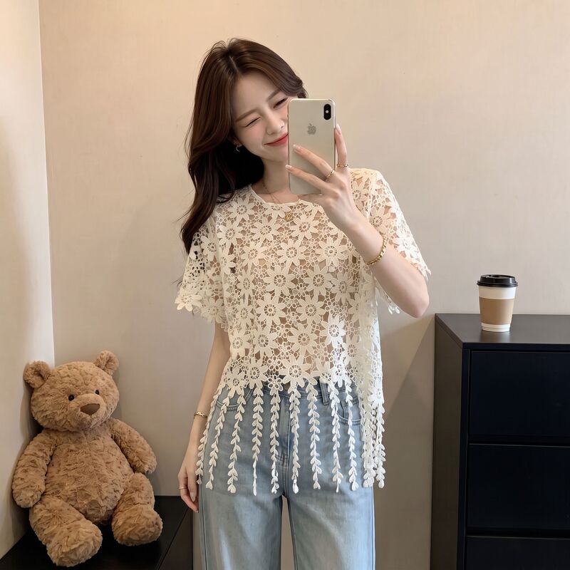 Bohemian Hollow-Out Tassel Hem Top for Women, Summer Plus-Size French-Style Thin Lace Shirt with a Cooling Effect and Youthful Look Bohemian Hollow-Out Tassel Hem Top for Women, Summer Plus-Size French-Style Thin Lace Shirt with a Cooling Effect and Youthful Look
