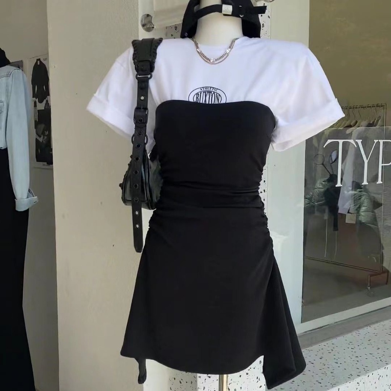 Korean Style Outfit Fake Two-Piece Dress for Women 2025 Summer New Waist-Cinching Hong Kong Style Retro Chic Dress
