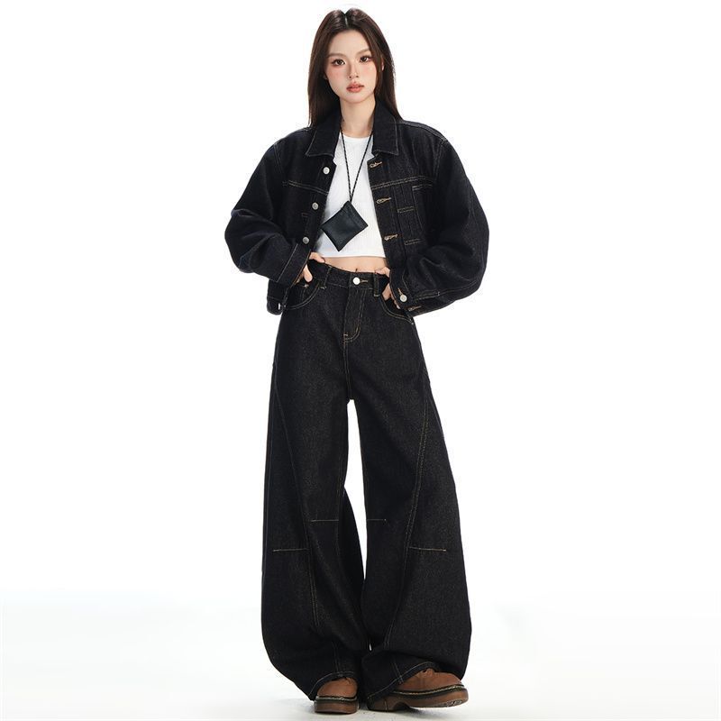 2025 Spring and Autumn New Street Style Denim Suit for Women: Short Jacket, Scimitar Pants, Wide-Leg Pants, Casual Slimming Two-Piece Set 2025 Spring and Autumn New Street Style Denim Suit for Women: Short Jacket, Scimitar Pants, Wide-Leg Pants, Casual Slimming Two-Piece Set