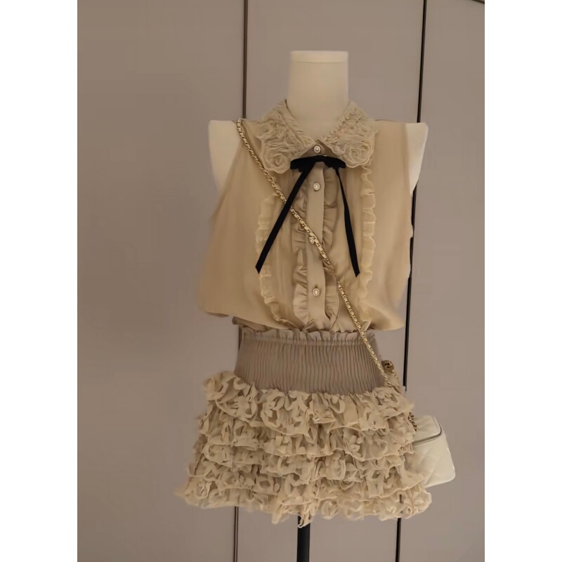Summer Vintage Cute Girl Doll Shirt Top with Heavy Workmanship High-Waisted Puffy Skirt Cake Skirt Design Set