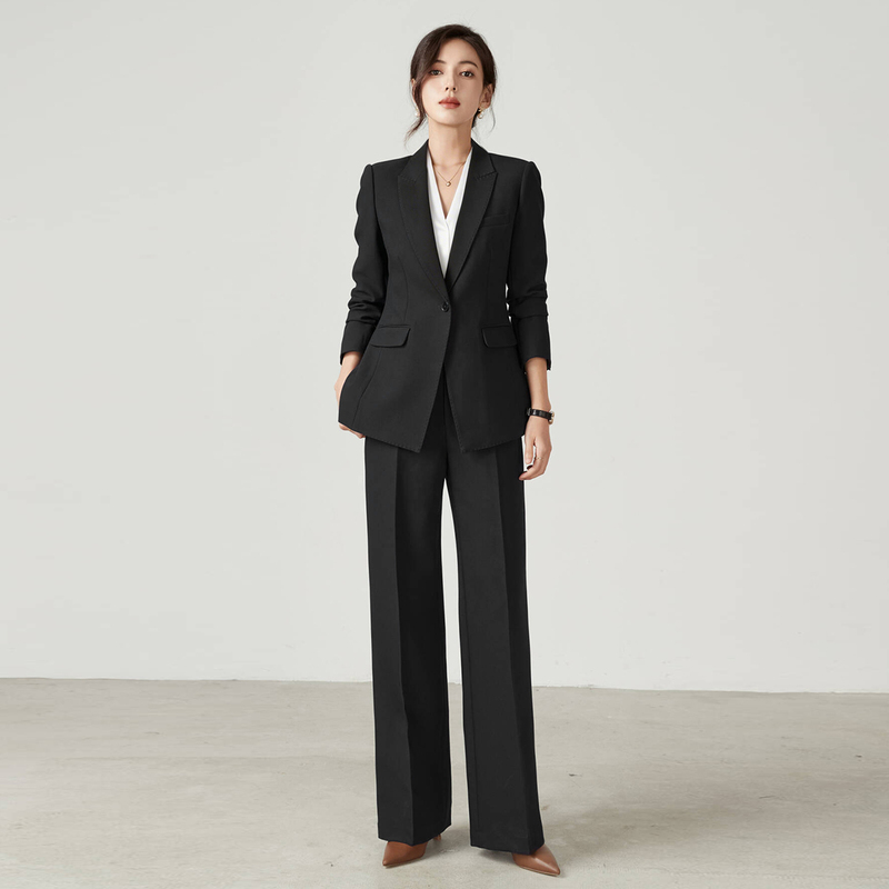 Spring and Autumn New Black Slim-Fit Single-Button Solid Color Suit for Workplace Interviews, Blazer Jacket, Straight-Leg Pants Set for Women