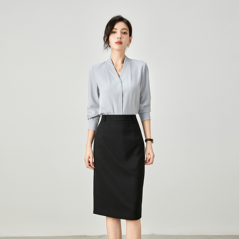 2025 New High-End Gray-Blue V-Neck Professional Shirt for Women, Slimming Long-Sleeve Formal Suit Inner Shirt
