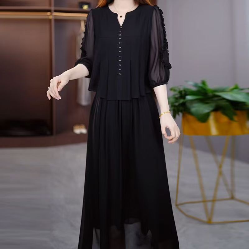 Black Hepburn-Style High-End Dress, Plus-Size Women's Clothing, Extra Large, Middle-Aged Mother's Elegant Mid-Length Chiffon Dress