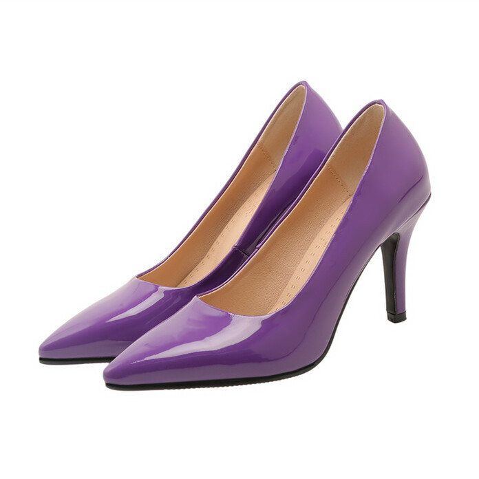 Commuting Pointed-Toe Candy-Colored Patent Leather Shoes Leopard Print Purple High Heels Large Size 45 46 47 48 49 50 51