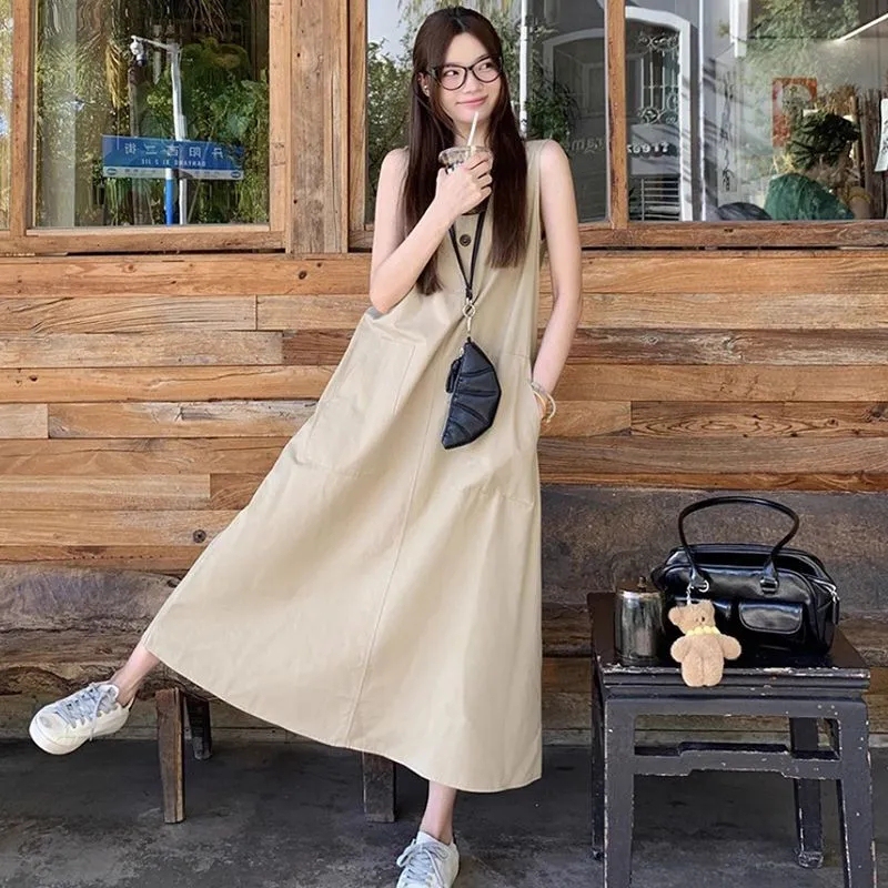 Vacation Style Casual Sleeveless Vest Dress for Women, Summer Pure Cotton Lazy Style Dress, Elegant Slimming A-Line Workwear Long Dress
