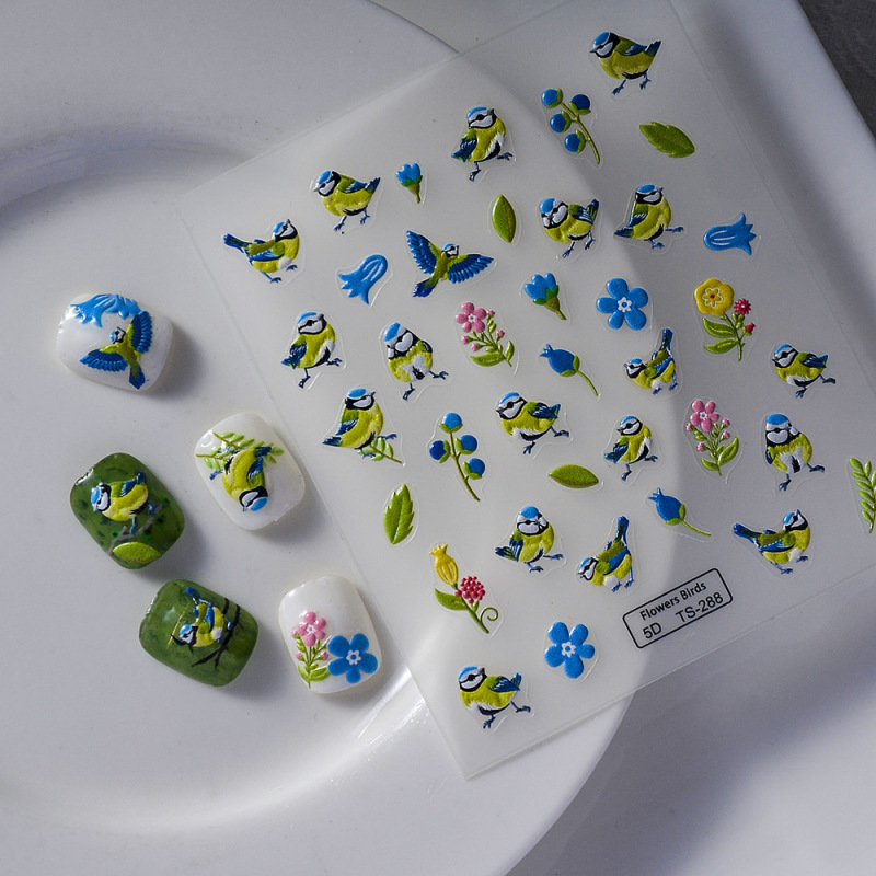 New Technology Embossed 5D Nail Stickers with Birds and Leaves, DIY Nail Decoration, Waterproof and Thin