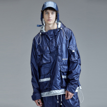 guuka Tide brand bright blue windbreaker male thin student hip hop multi pocket stitching silver windbreaker jacket