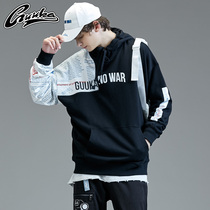 guuka tide brand black and white stitching sweater men hooded teen hip-hop printing pure cotton pullover sweater men loose