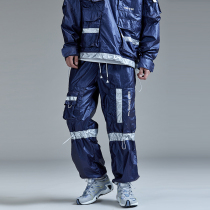 guuka drawstring pants mens Tide brand Youth hip-hop blue multi-pocket overalls school uniform pants mens loose