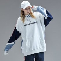 guuka Tide brand color matching stitching sweater female loose couple hip hop print cotton sports hooded sweater New
