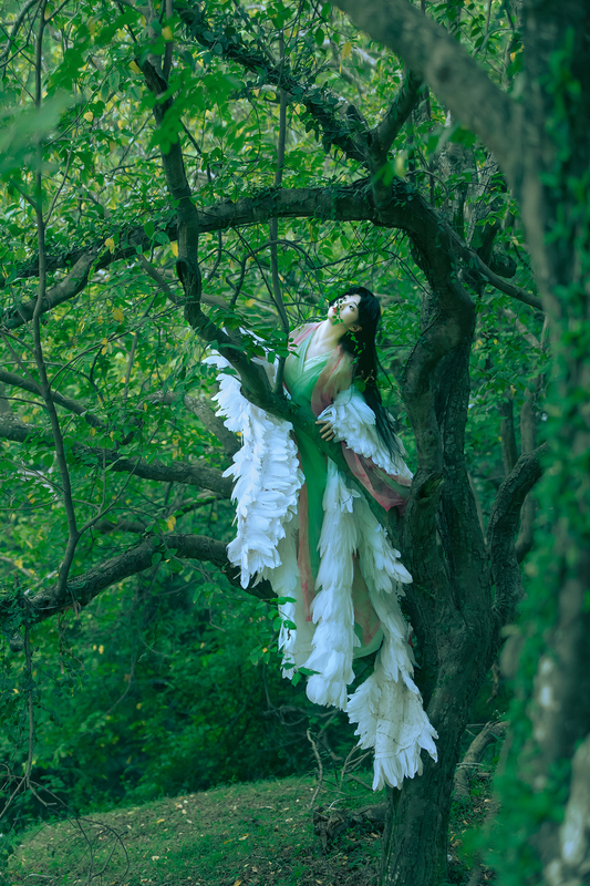 Feathered Clothing Similar to Cecilia Cheung's Style, Hanfu, Fei Yao's Performance at the Show, Travel Photography, Feathered Large Sleeves, White Crane, Green Phoenix Feathered Clothing Similar to Cecilia Cheung's Style, Hanfu, Fei Yao's Performance at the Show, Travel Photography, Feathered Large Sleeves, White Crane, Green Phoenix