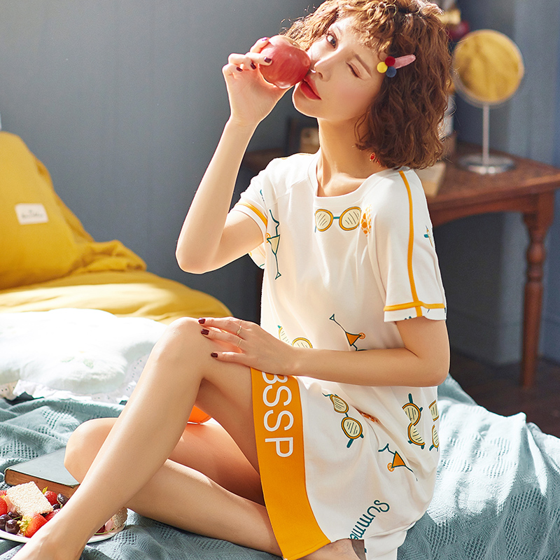 睡裙女夏薄款纯棉短袖夏天睡裙公主风女士春秋星星韩版睡衣家居服