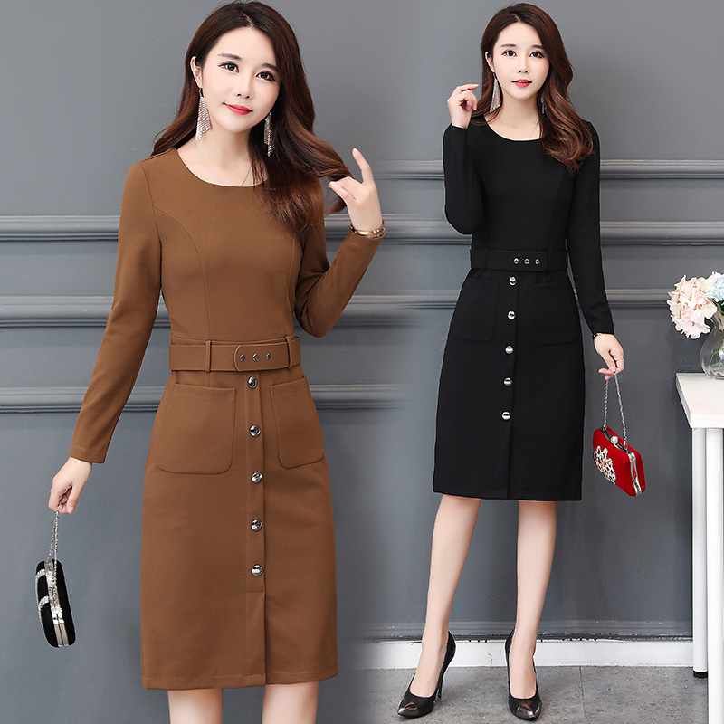 Váy nữ mùa thu 2018 mới của phụ nữ Hàn Quốc váy dài tay khí chất dài đoạn thu đông và váy mùa đông là váy mỏng váy bò dài