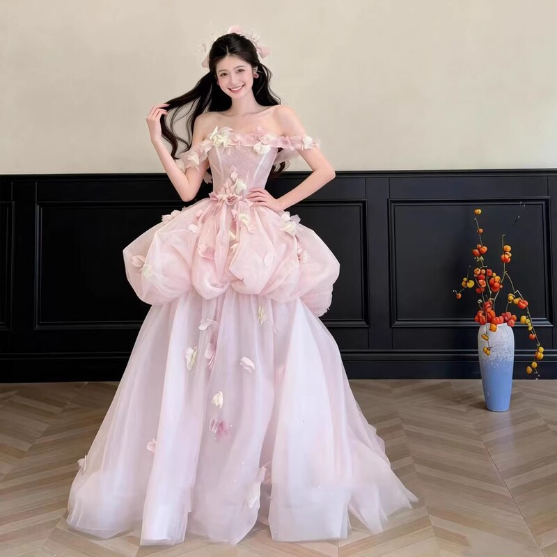 Engagement Dress, High-End Light Luxury Niche Floral Pink Dressing Gown, Female Bride's Toast Dress, Birthday Coming-Of-Age Ceremony, Super Fairy-Like