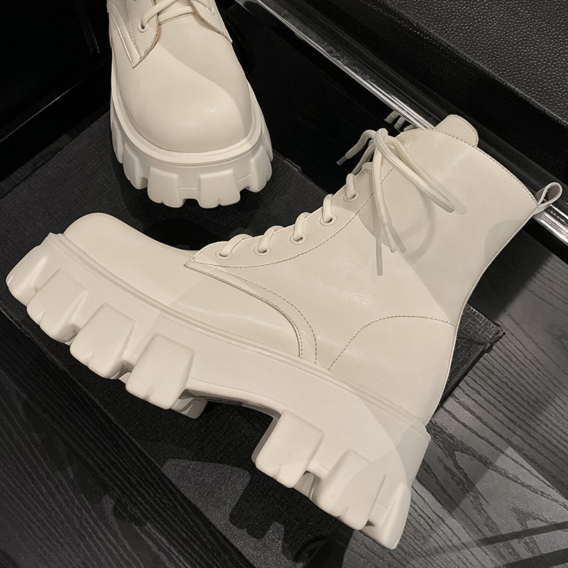 New Platform Women's Shoes, Chunky Heel, Thick-Soled Boots, Genuine Leather Martin Boots, Short Lace-Up Motorcycle Boots, All-Season Short Boots with Fleece Lining
