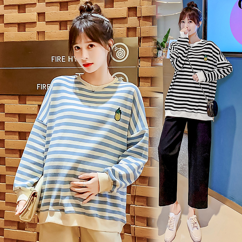 Pregnant women's autumn suit 2022 new fashion loose striped tops pure cotton T - shirt long sleeve spring and autumn pregnant women suit