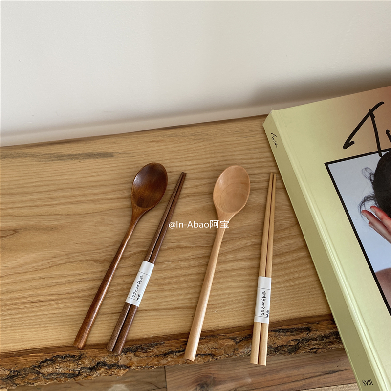 Aobao-South Korea Ins extremely simple and pure wood Nangwood chopstick spoon suit Dormitory Student Day Style Portable Cutlery 2 pieces