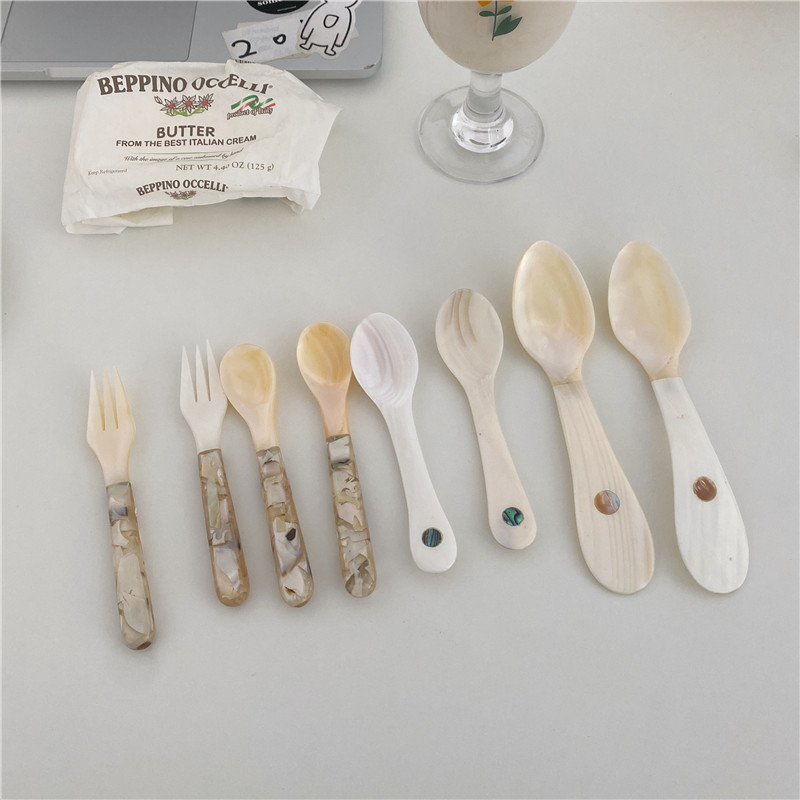 Po-Han Feng ins Medieval Vintage French Natural Handmade Shell Fork Spoon Yogurt Dessert Coffee Ice Cream Spoon