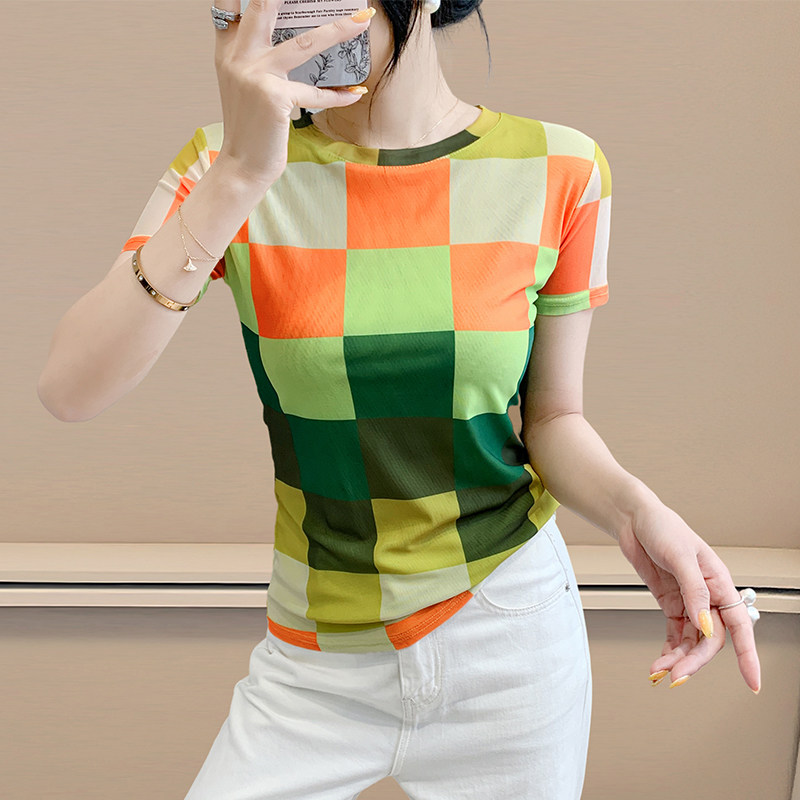 女装2025新款潮时尚减龄印花T恤女短袖弹力网纱上衣洋气半袖小衫