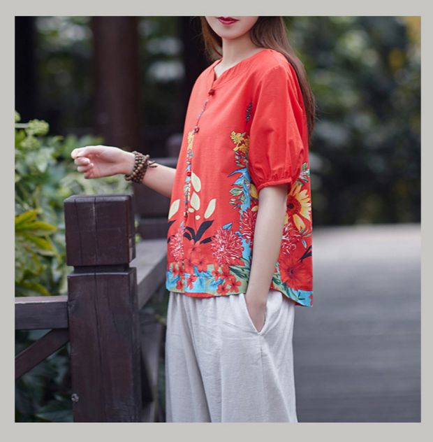 Phụ nữ trung niên gió quốc gia mùa hè áo mới cotton và áo sơ mi vải lanh thời trang mẹ đầm ngắn áo sơ mi hè - Quần áo của mẹ áo khoác phụ nữ lớn tuổi