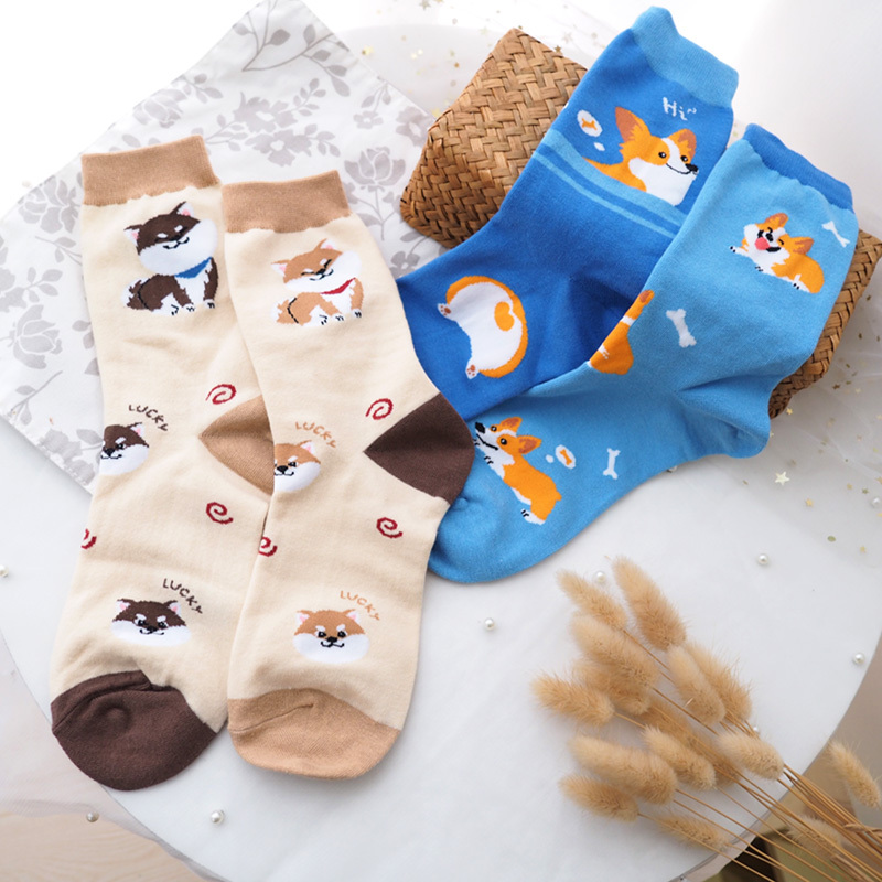 2025 Korean New Cute Corgi Shiba Inu Themed Socks Corgi Puppy Shiba Asymmetrical Mid-Length Socks