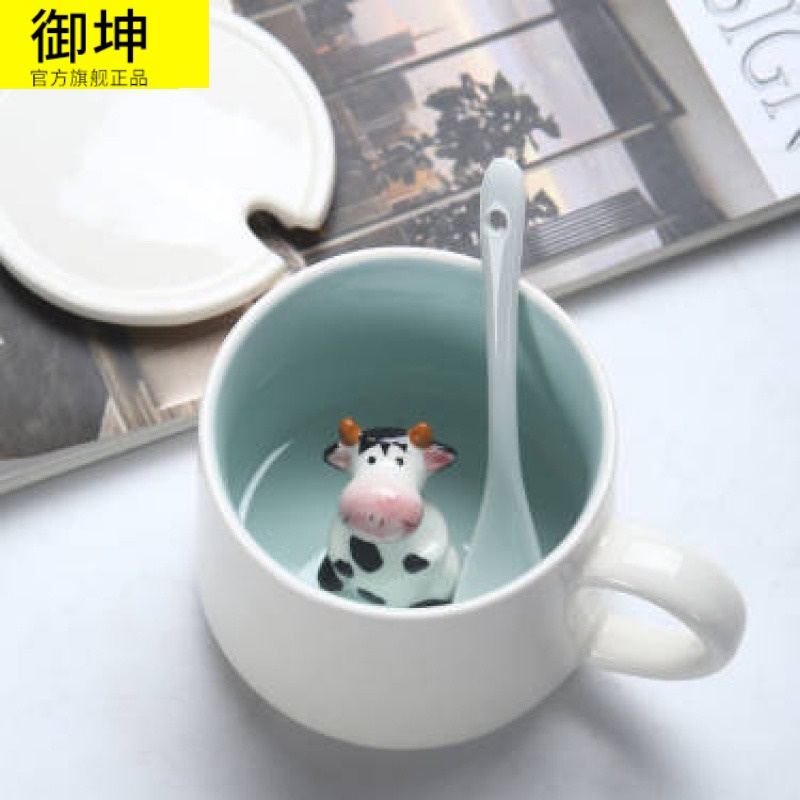 Creative ceramic keller with spoon, 3 d cartoon animals, lovely cup student couples cup of milk coffee cup