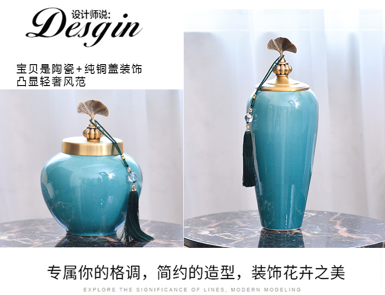 Light the key-2 luxury of modern ceramic vase furnishing articles pure copper cover sitting room suit of new Chinese style household decorates porch arranging flowers