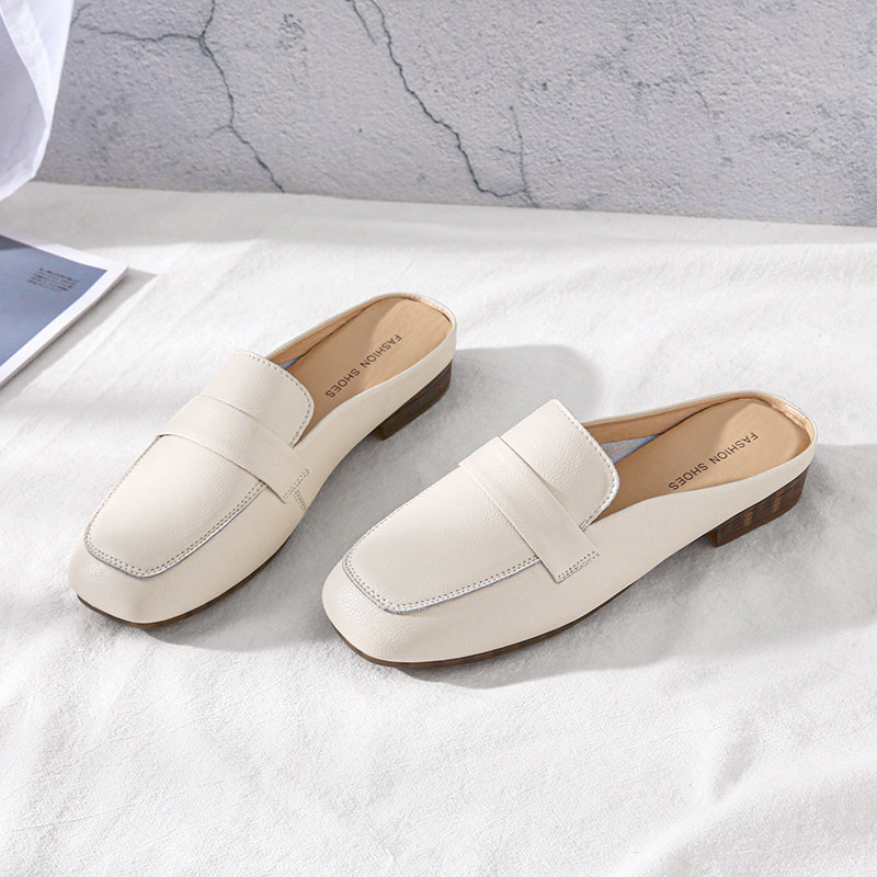 Semi-towing female shoes 2022 New leather soft-bottom square head no heel half trampled sloppy head half slippers female outwear
