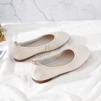 Flat Bottom Single Shoes Woman Soft Leather 100 Hitch Comfort Soft Bottom Square Head Light Mouth Grandma Shoes 2021 New Spring Autumn Genuine Leather Lads Shoes