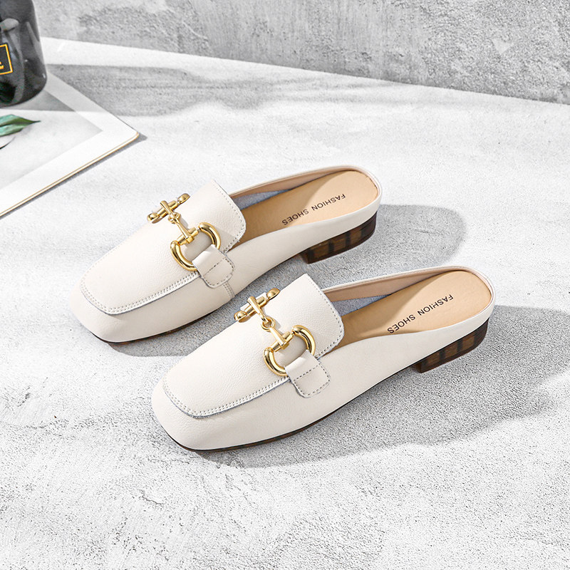 Half drag women's shoes summer fashion leather Baotou horsebit half drag square head Muller lazy shoes beef tendon soft bottom slippers