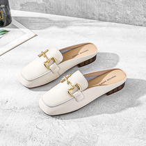 Half-to-woman shoes Summer Fashion genuine leather Baotou Horse title buckle Half towing square head Mueller Lazy Shoes Bull Gluten Soft Bottom Slippers
