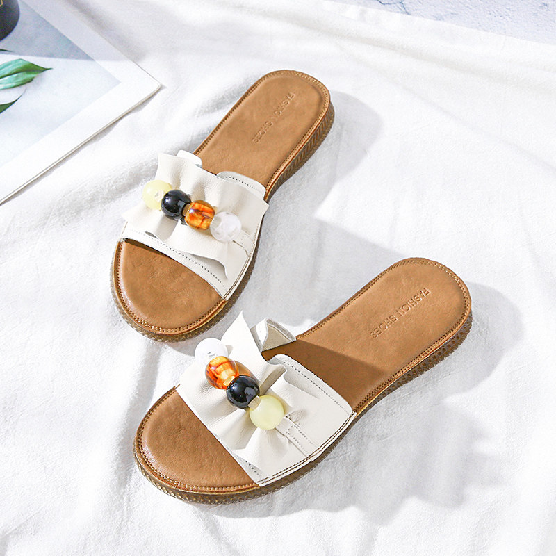 Buffalo sole slippers women wear soft sole beach shoes beach flat leather head skin slippers outside summer