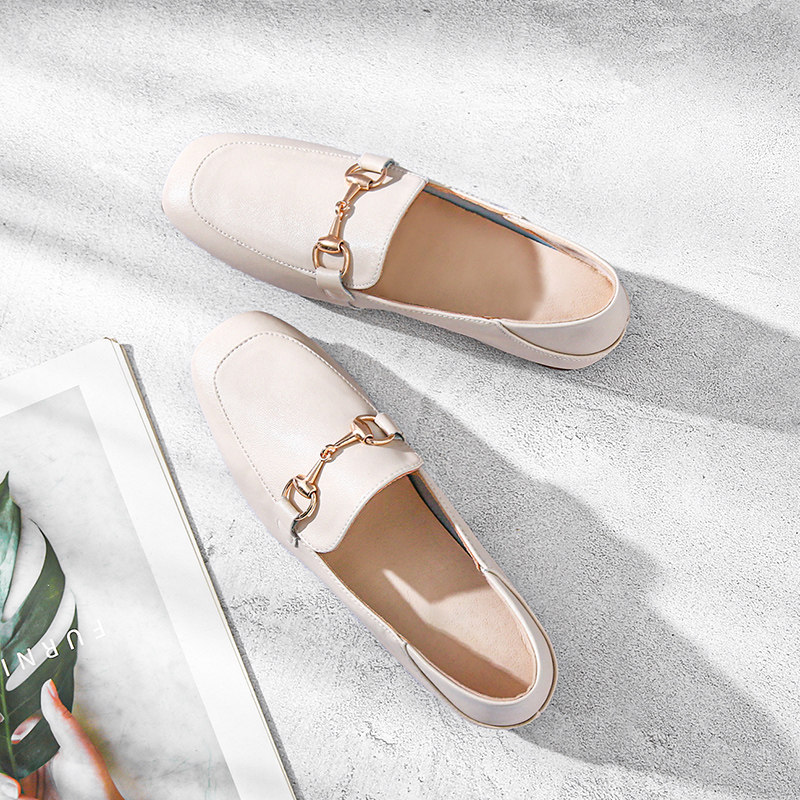 Loafers women's summer soft leather two wear one pedal leather beef tendon bottom beanie shoes square head horsebit flat shoes