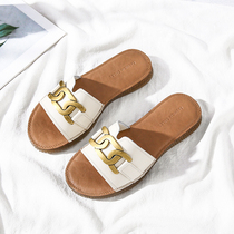 Cool drag woman outside wearing summer fashion personality metal buckle Bull Fascia Soft Bottom Genuine Leather Slippers Full Cow Leather Flat Bottom