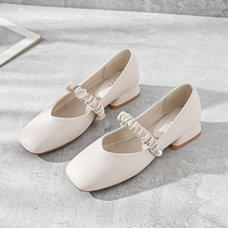 Coarse Heel Single Shoes Woman Real Leather Method Mary Rare Leather Shoes Late Night Wind Gentle Shoes Low Heel Square Head Soft Leather Grandma Shoes