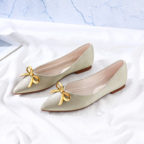 Pointed flat bottom shoes women genuine leather one foot pedal silk satin butterfly knot bridesmaid shoes summer 100 hitch female soft bottom light mouth single shoes