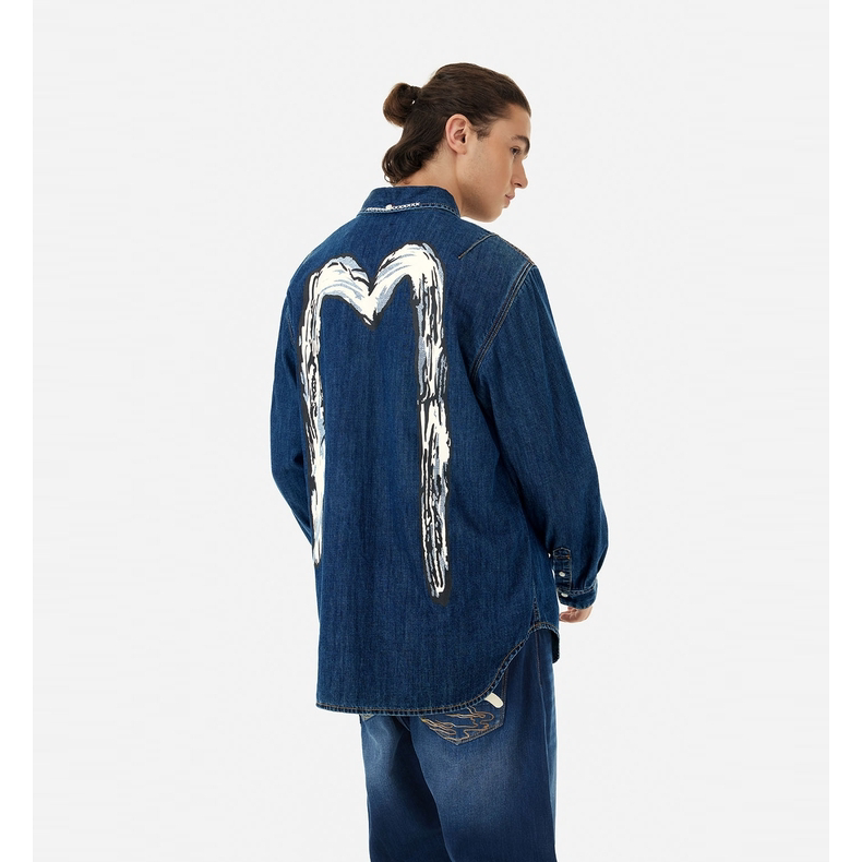 Джинсовая рубашка evisu 福神 男士手扫大m印花休闲覆古牛仔衬衫外套