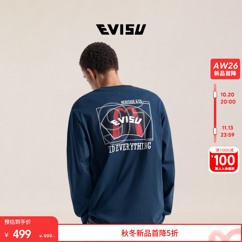 Evisu 2026 Autumn New Men's Large m and Slogan Print Navy Blue Loose Casual Long Sleeve T-Shirt