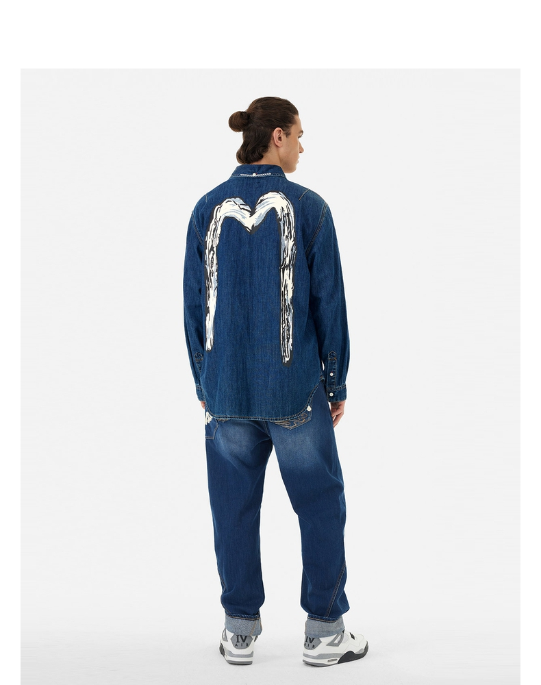 Джинсовая рубашка evisu 福神 男士手扫大m印花休闲覆古牛仔衬衫外套