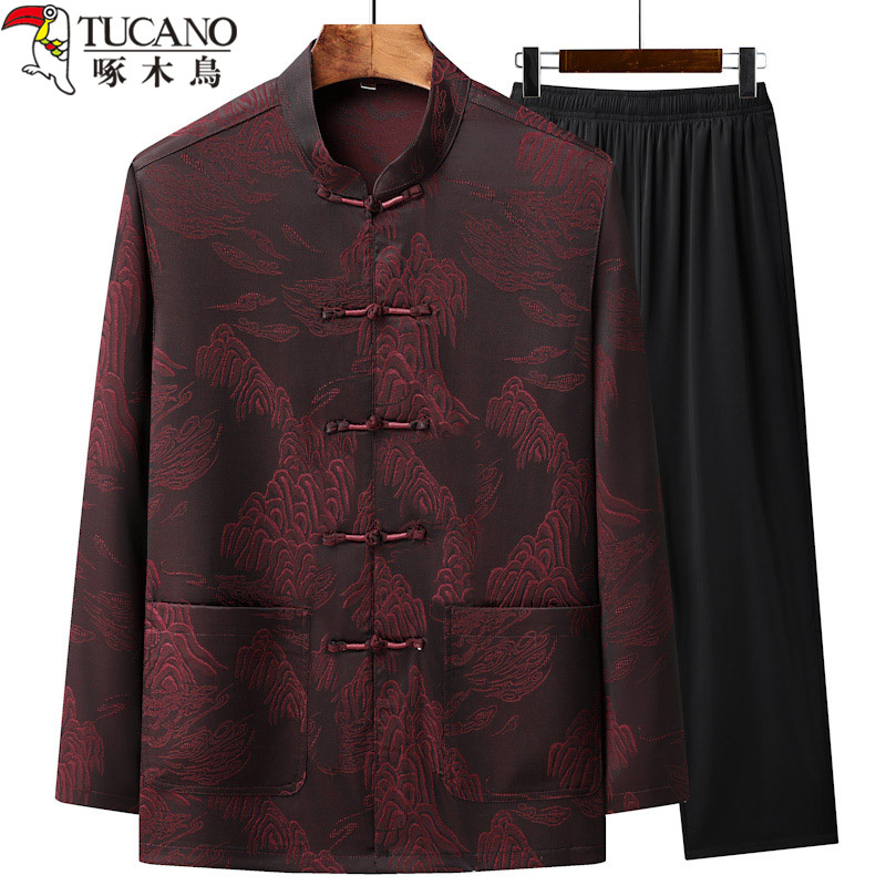 Woodpecker Summer Thin Ice Silk Long-Sleeved Shirt for Middle-Aged and Elderly Men's Dad's Birthday Loose Suit Grandpa Tang Suit