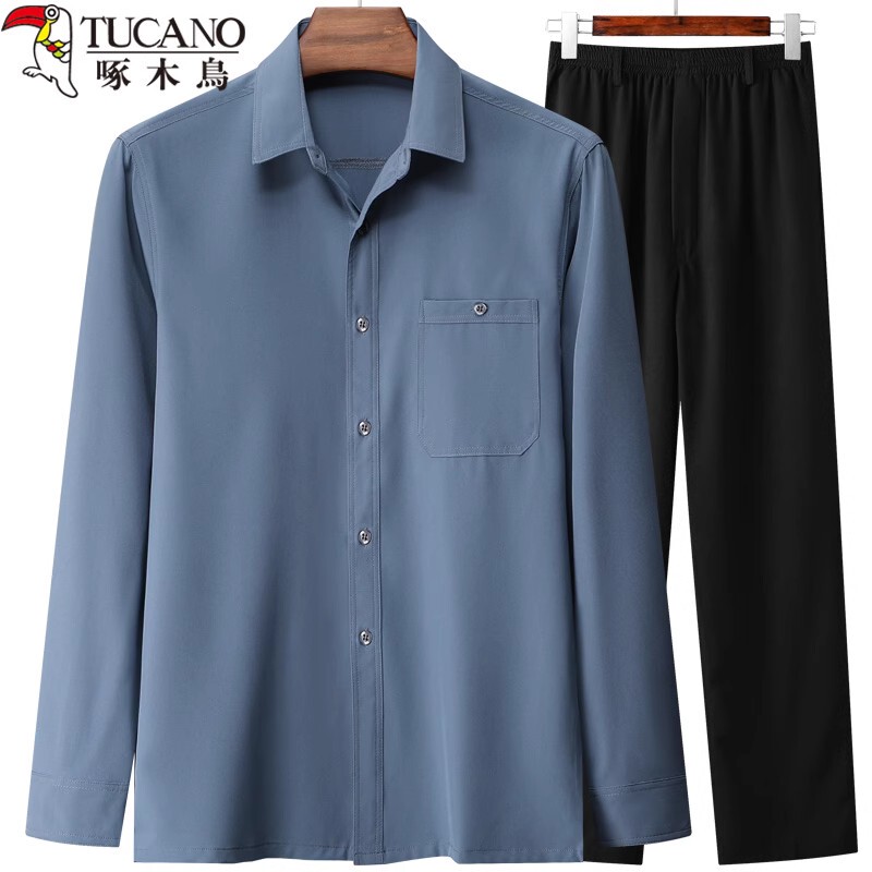 Woodpecker Summer Thin Silk Long-Sleeved Shirt for Middle-Aged and Elderly Men, Loose Casual Shirt for Dad and Grandpa Set