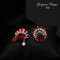 Chinese style jewelry red crystal texture knife horse Dan small collar needle Pearl opera corsage brooch classical accessories